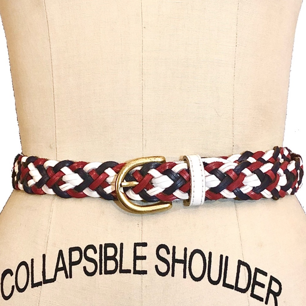 Vintage Y2K Genuine Leather braided woven adjustable belt blue red one size